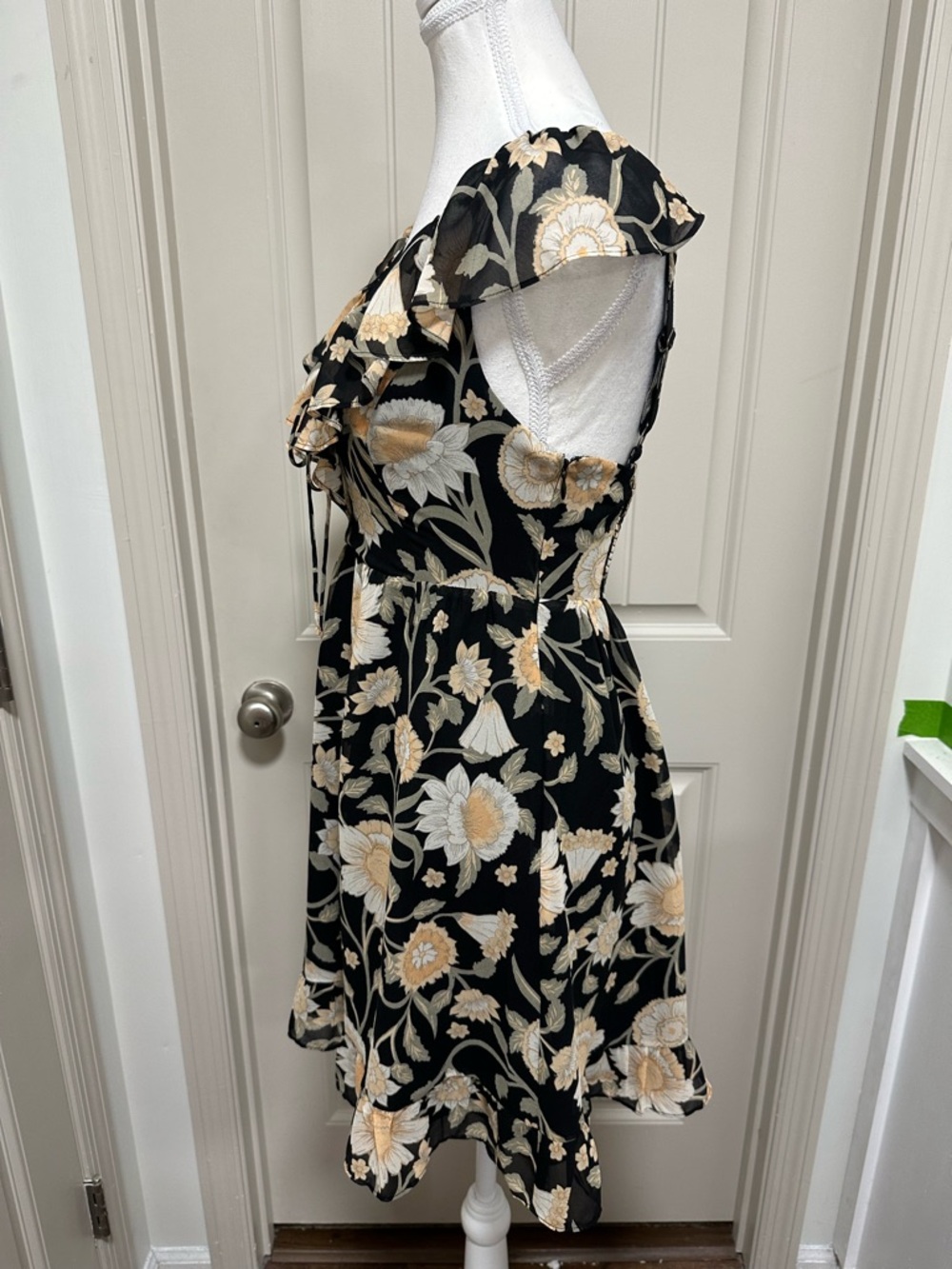 Gentle Fawn Black Floral Ruffle Mini Dress with Cream Flowers - Picture 4 of 8